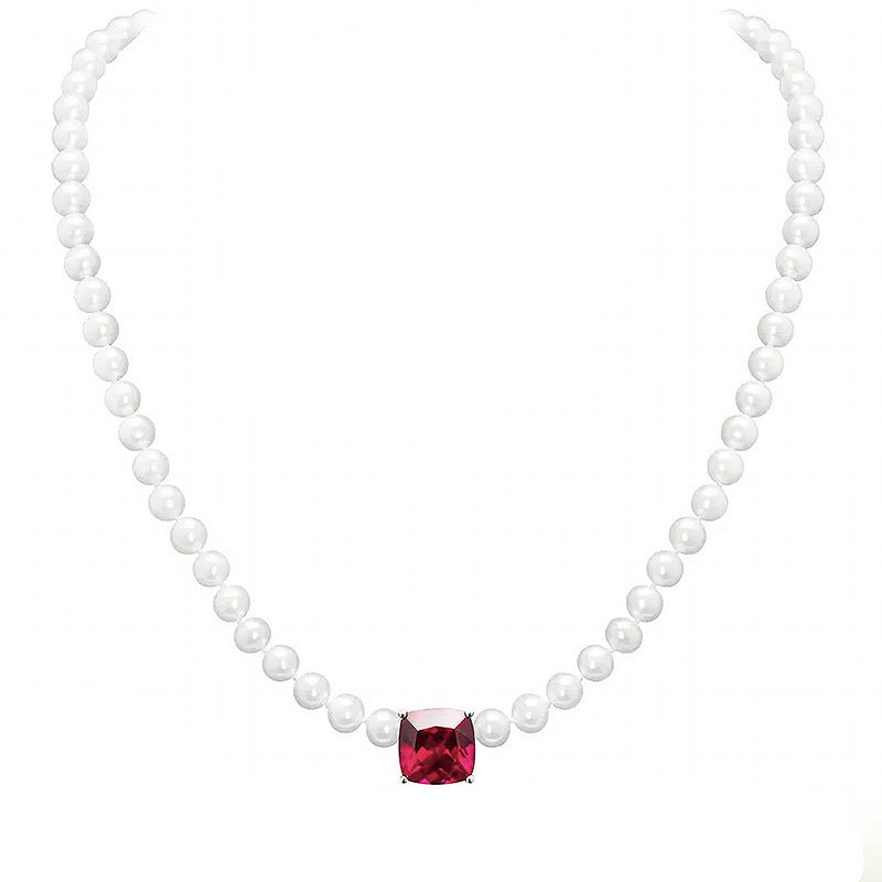 Inlaid Pigeon Blood Ruby 10*10mm Bowknot Pearl Necklace