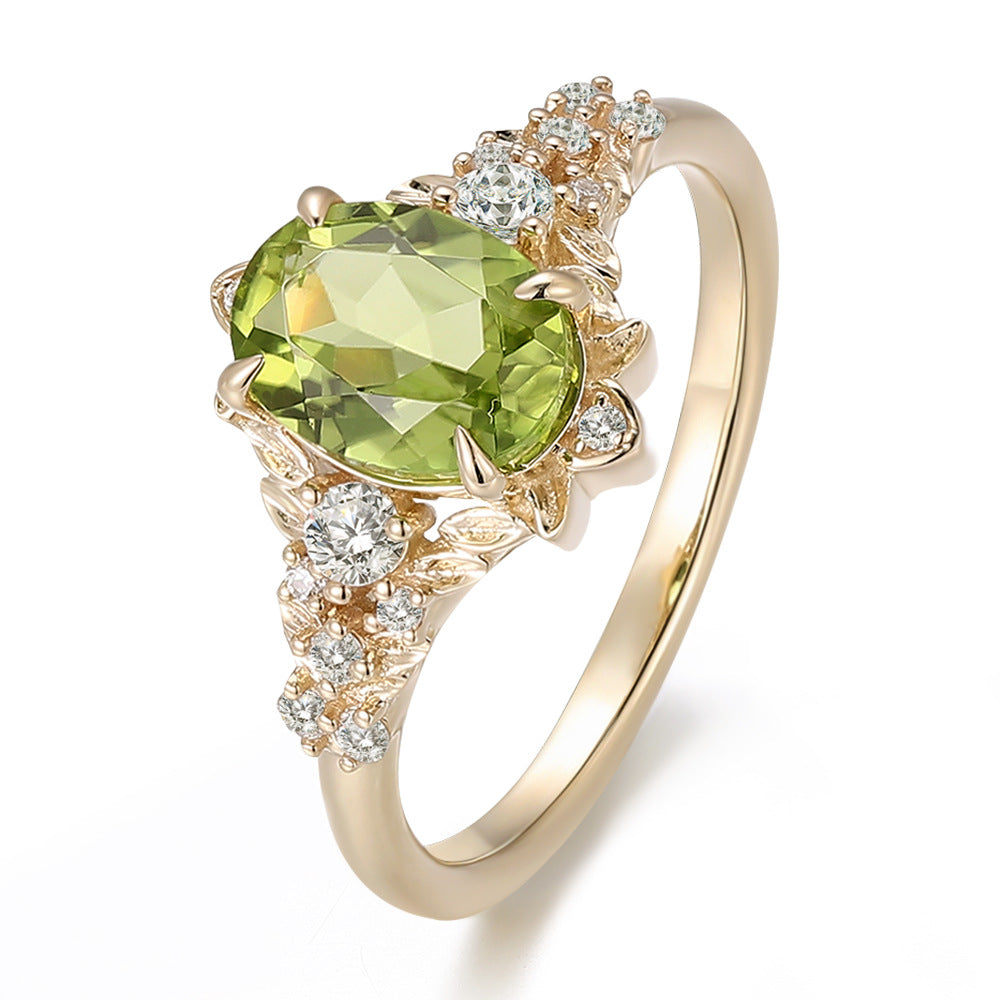 18K Gold Gemstone Ring Customized Olive Green Real Gold Ring