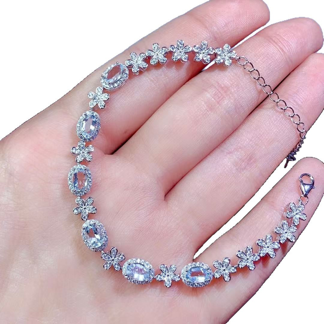925 Sterling Silver Inlaid Flower Exquisite Niche Design Colorful Gemstone Natural Aquamarine Bracelet