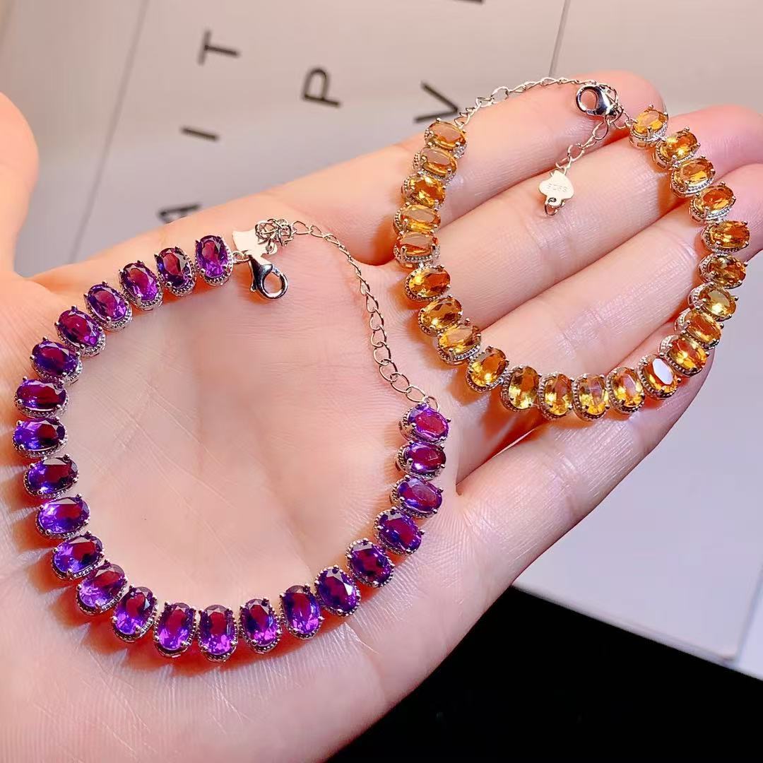 S925 Sterling Silver Simple Fashion Versatile Colorful Gemstone Amethyst Citrine Bracelet