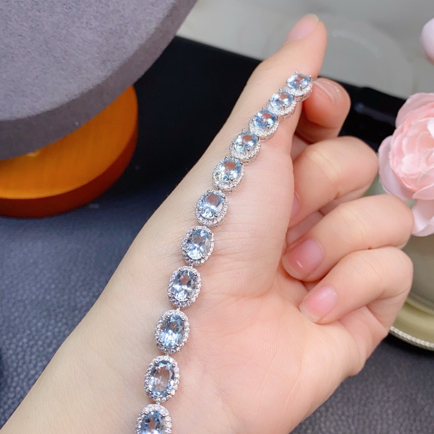 925 Sterling Silver Inlaid Fresh Color Gemstone Main Stone 5x7mm Natural Aquamarine Bracelet