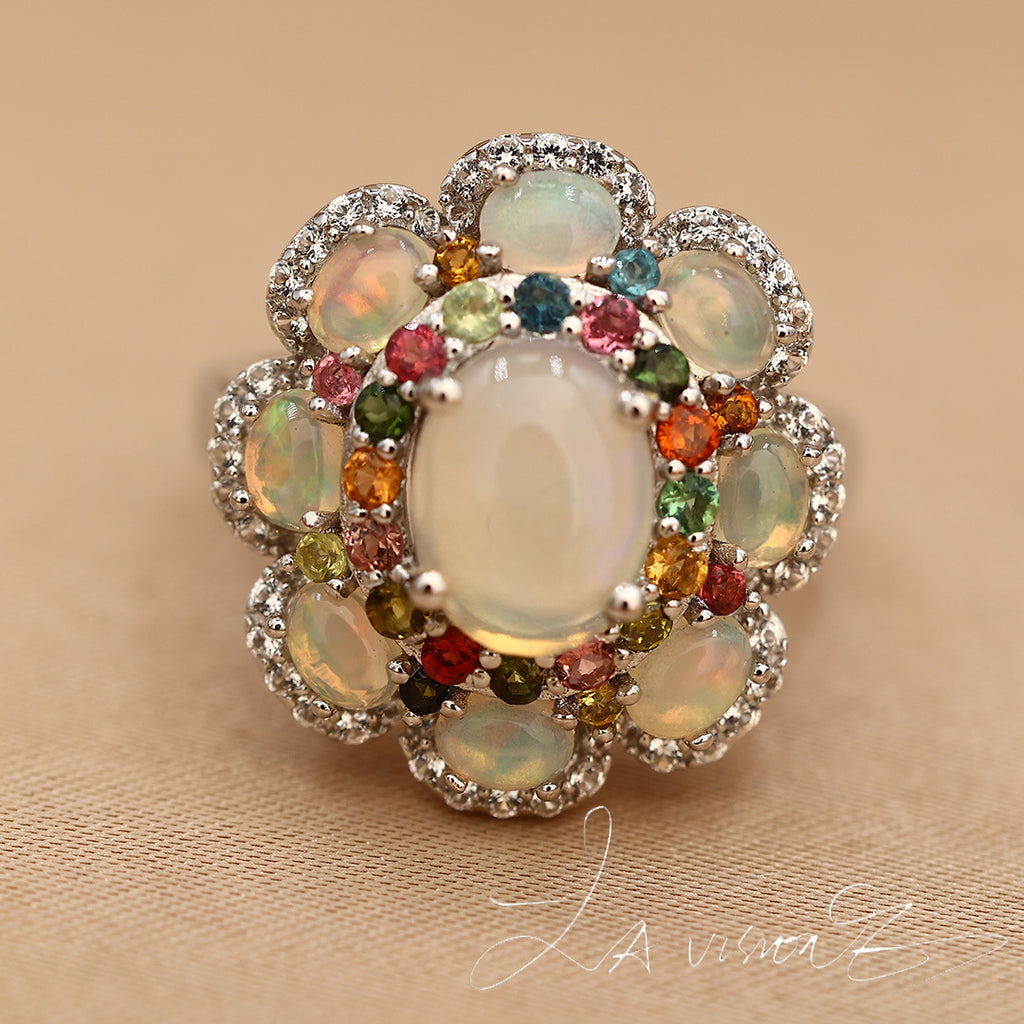 S925 Inlaid Natural Opal Natural Tourmaline Synthetic White Sapphire Ring