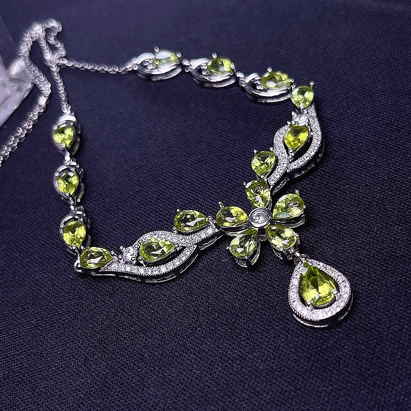 Natural Peridot 925 Silver Inlaid Peridot Chain Row Pendant Evening Chain Necklace