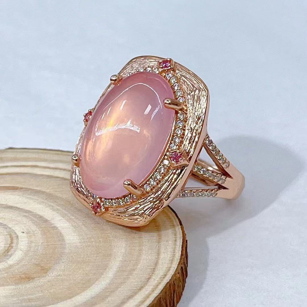 S925 Silver Plated Rose Gold Inlaid Main Stone 15*21mm Natural Rose Quartz Open Ring