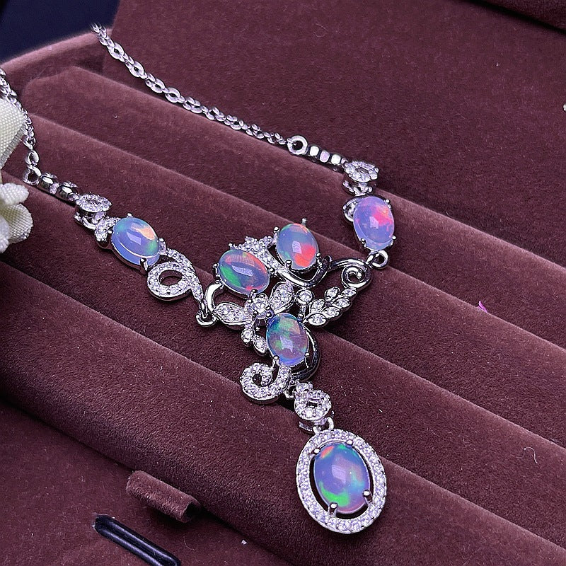 Australian Iridescent Opal Chain 925 Silver Inlaid with Dazzling Natural Fire Opal Collarbone Chain