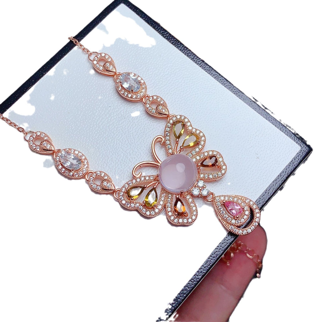 Clavicle Chain Gemstone Jewelry 925 Silver Inlaid with Natural Rose Quartz Tourmaline Aquamarine Engagement Date Necklace