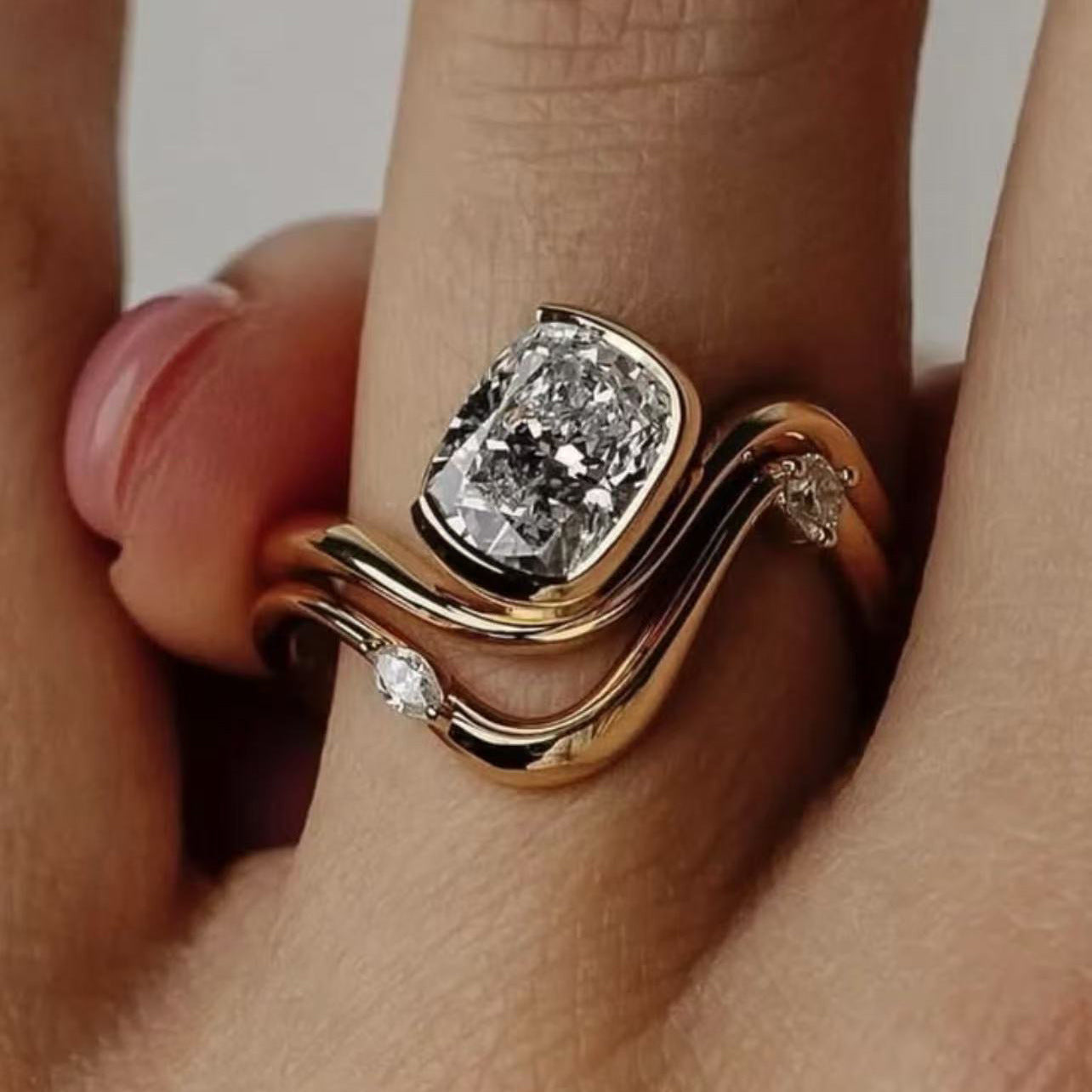 S925 Silver Gold Moissanite Ring Three-Dimensional Two-Circle Wave Stacking Design Women's Hot-Selling Popular Item