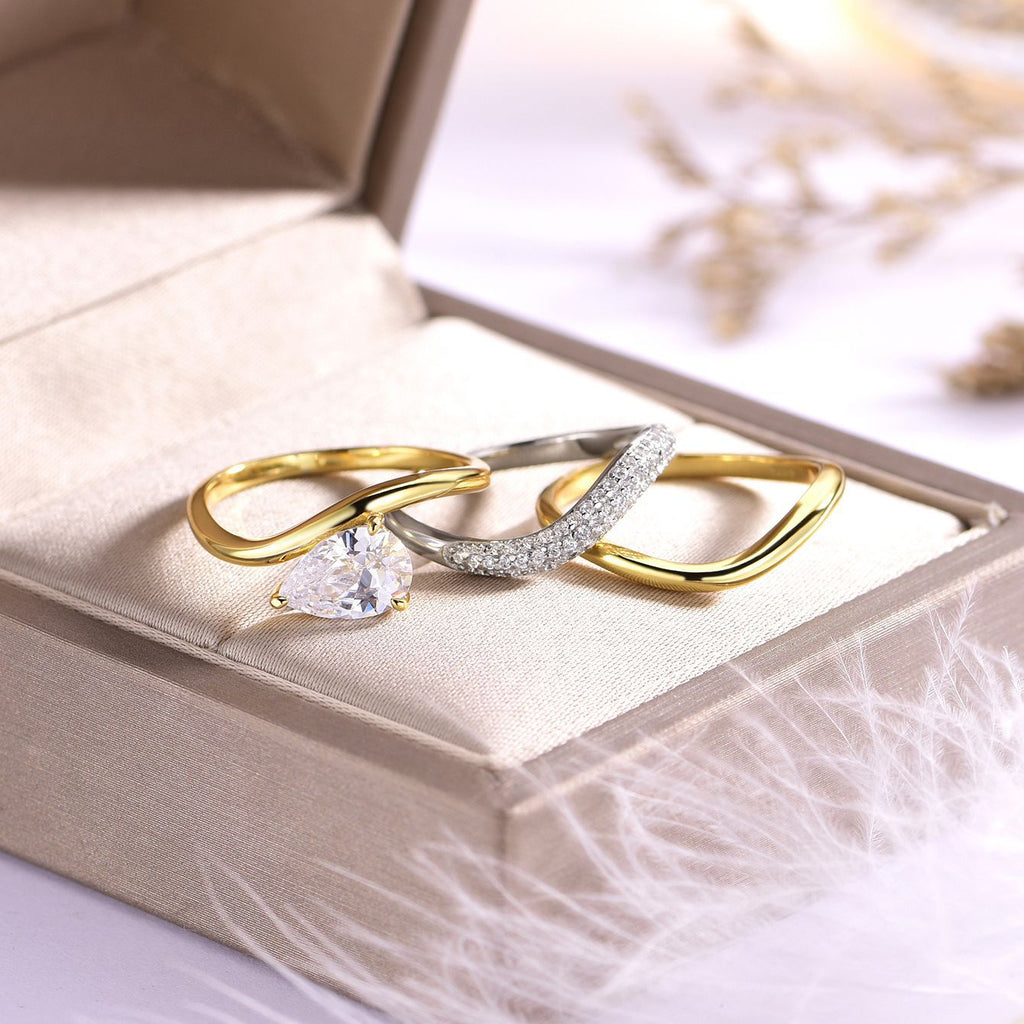 S925 Silver Combination Three-Piece Set Water Drop Shape Moissanite Ring Set Fashionable Stacking Ring Set Live Hot Sale Wholesale