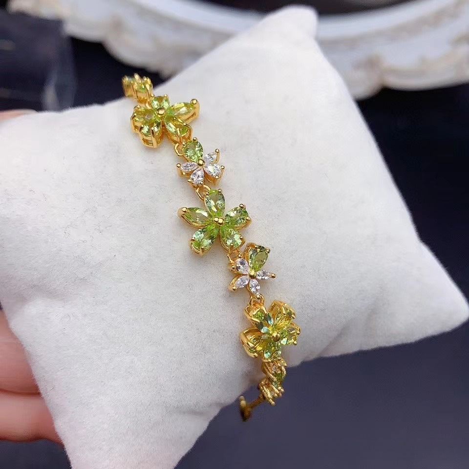Natural Peridot S925 Sterling Silver Gold Plated Flower Peridot Bracelet