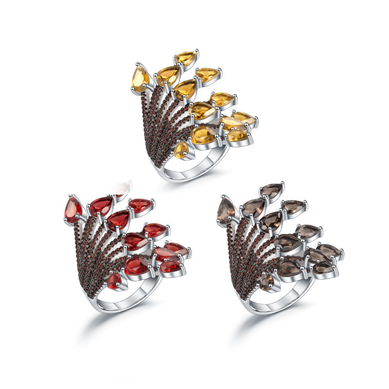 Natural Garnet Ring Opening Adjustable 925 Silver Color Gemstone Ring