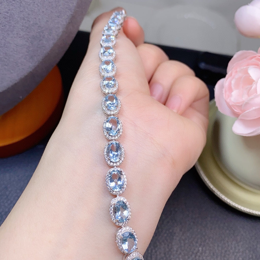 925 Sterling Silver Inlaid Fresh Color Gemstone Main Stone 5x7mm Natural Aquamarine Bracelet