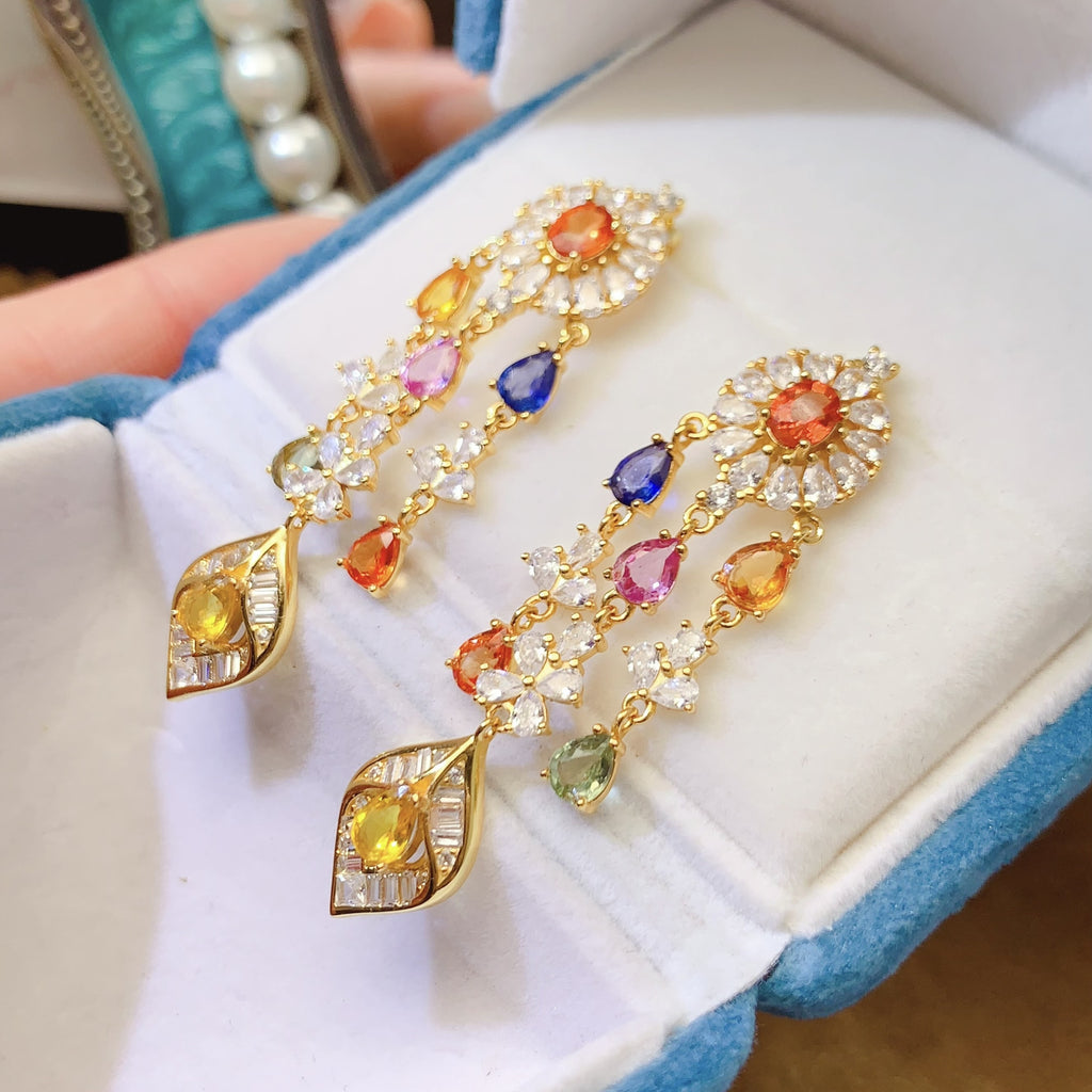 S925 Earrings Niche High-End Feel Earrings 4*5mm Natural Colorful Sapphire Earrings