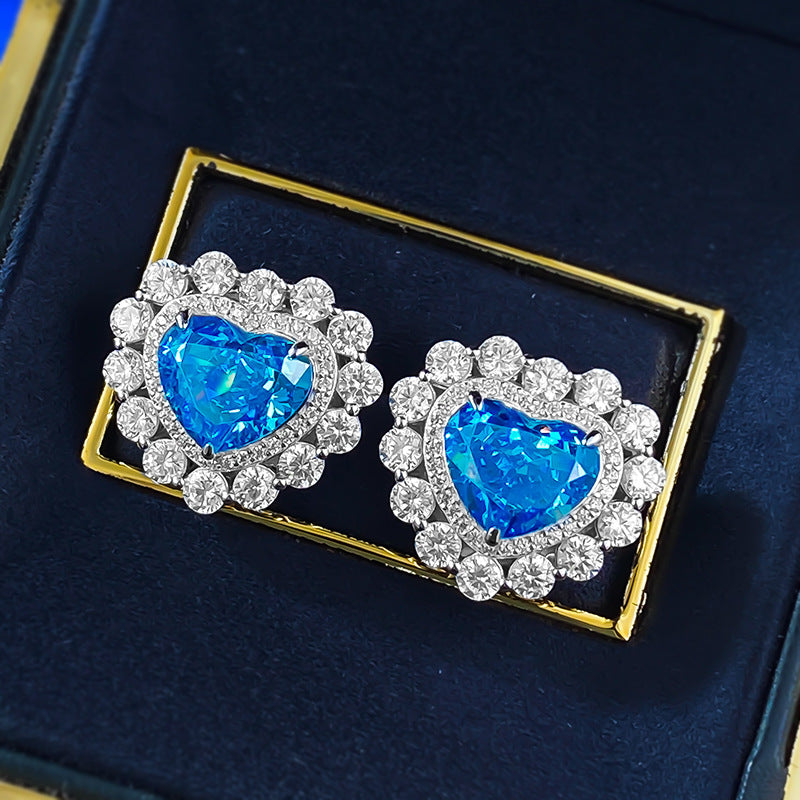 S925 Silver Full Inlaid Heart 9*11 Aquamarine High Carbon Diamond Ice Flower Heart-shaped Earrings