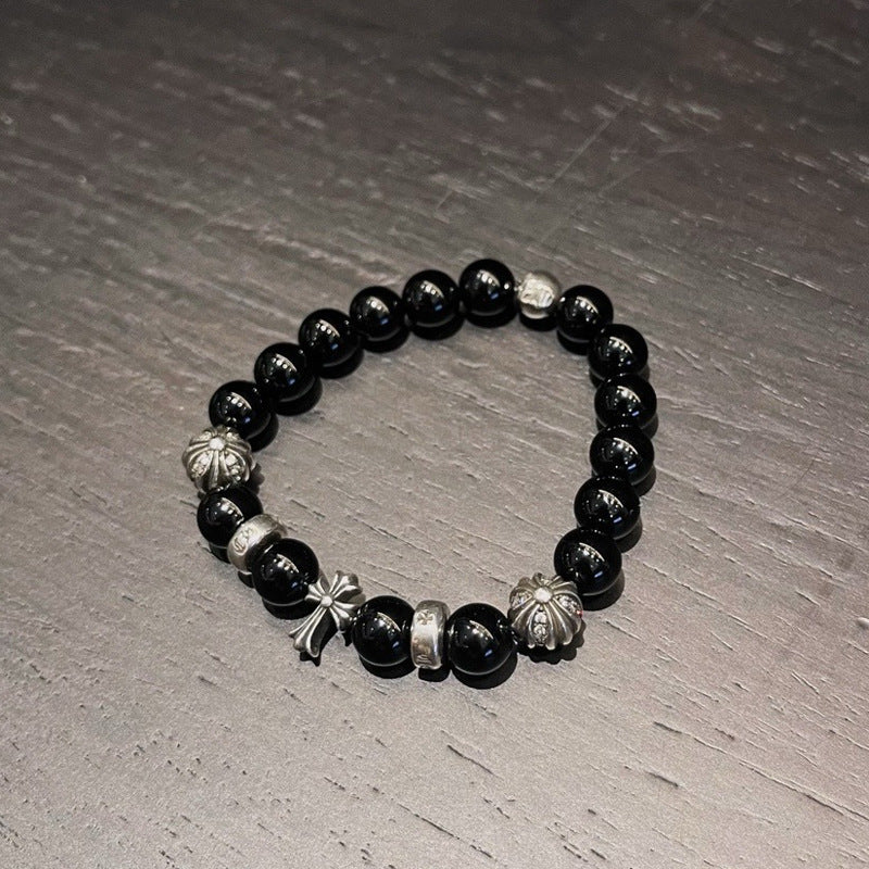 Male and Female Couples Domineering Hip-Hop Style Personality Punk 8mm Obsidian Bracelet