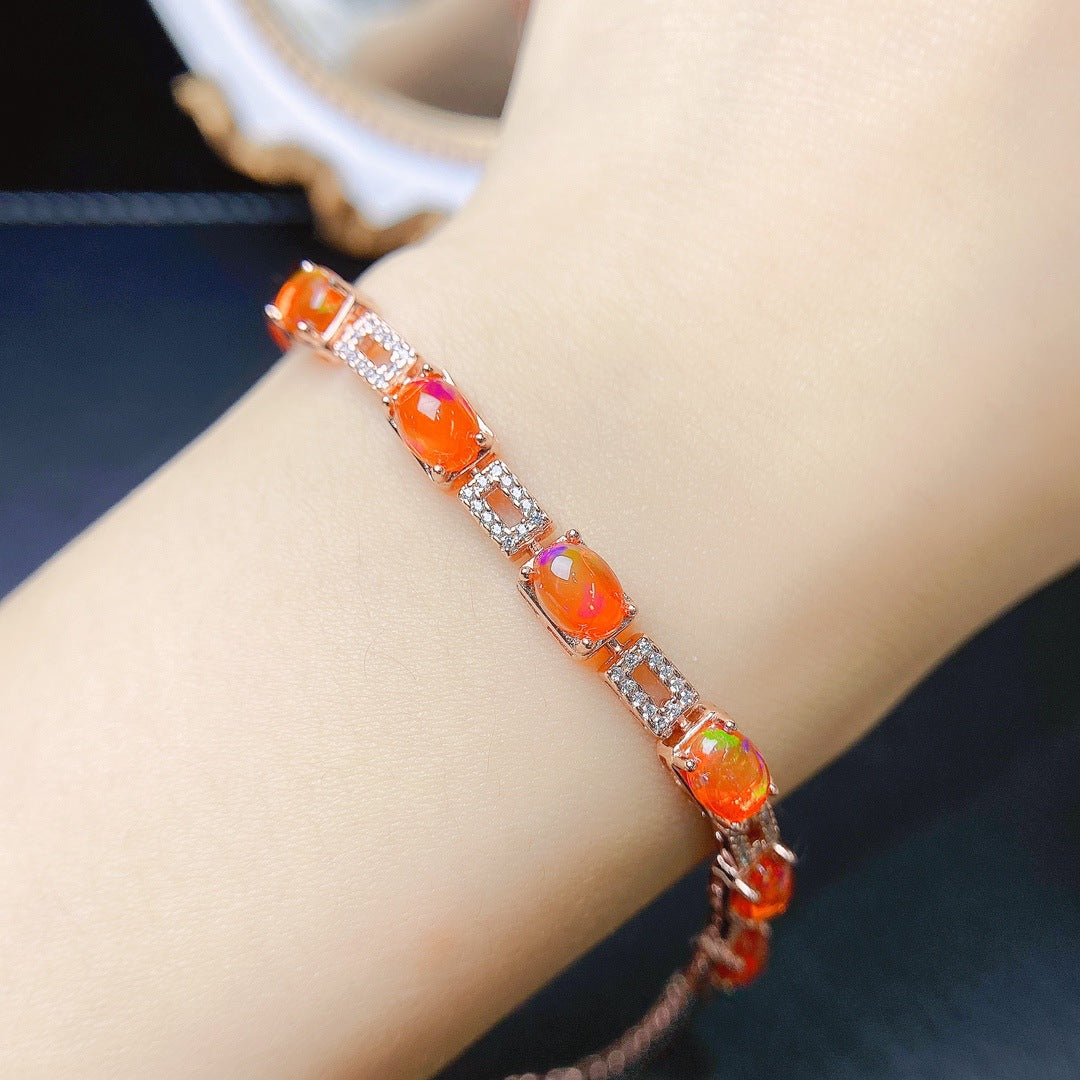 S925 Silver Inlaid Main Stone 5*7 Natural Fire Opal Bracelet