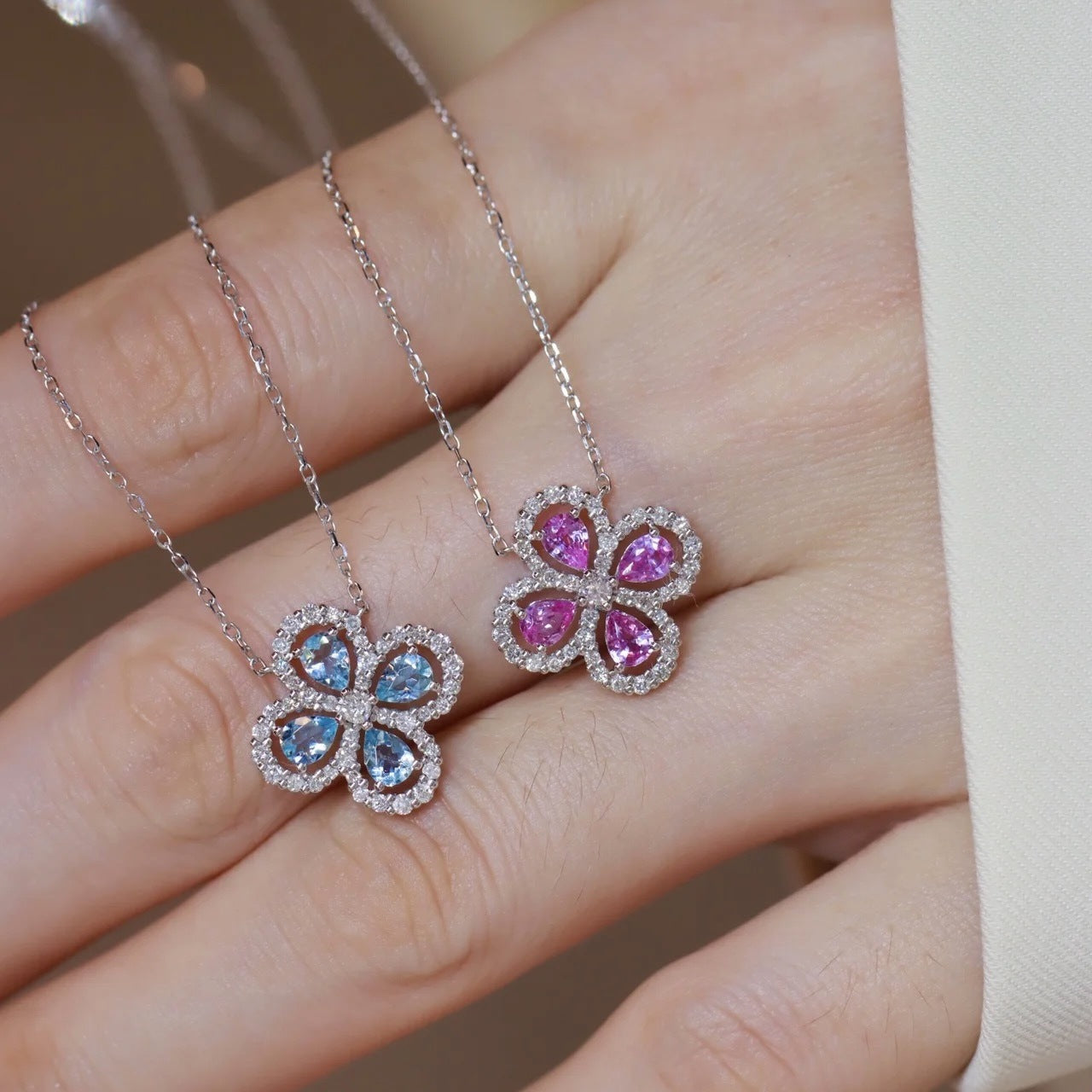 1.9 Carat Four-Leaf Clover Cultivated Pink Sapphire Full Diamond Necklace Aquamarine S925 Sterling Silver Pendant