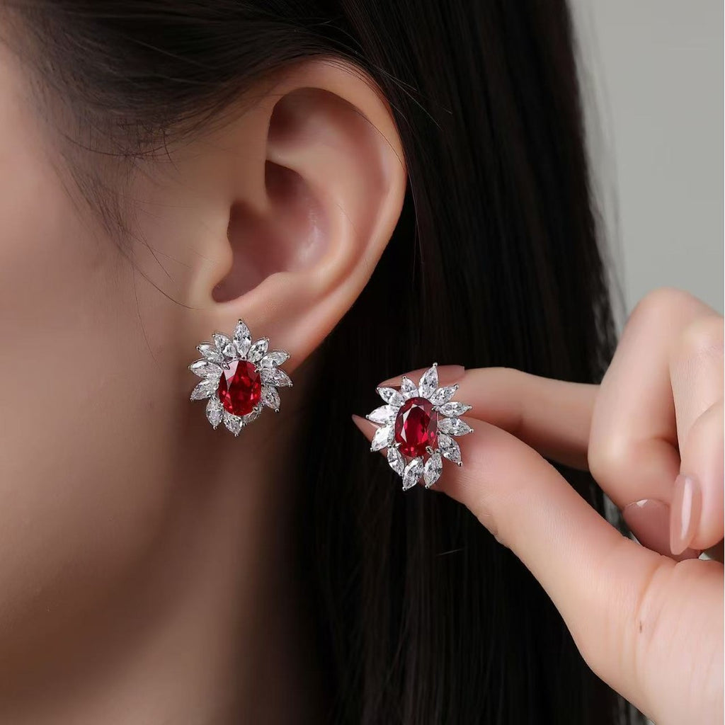 6 Carat Cultivated Ruby Stud Earrings New Women's Luxury S925 Silver Elegant Earrings