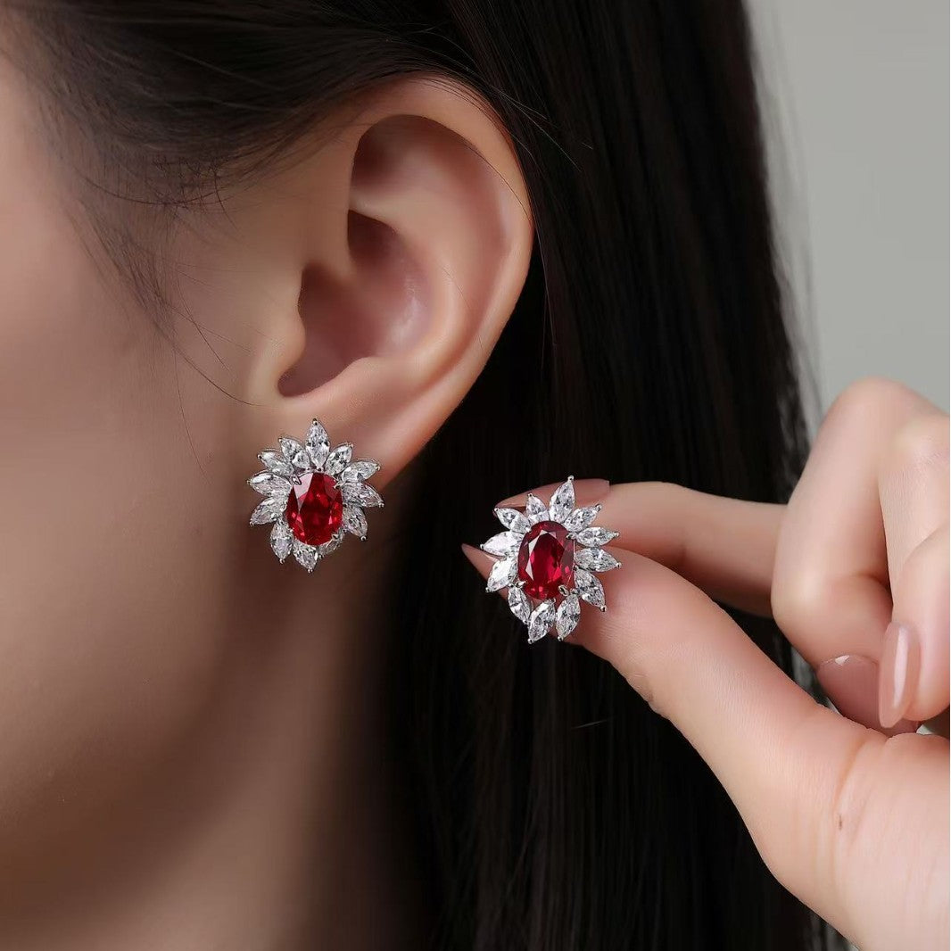 6 Carat Cultivated Ruby Stud Earrings New Women's Luxury S925 Silver Elegant Earrings