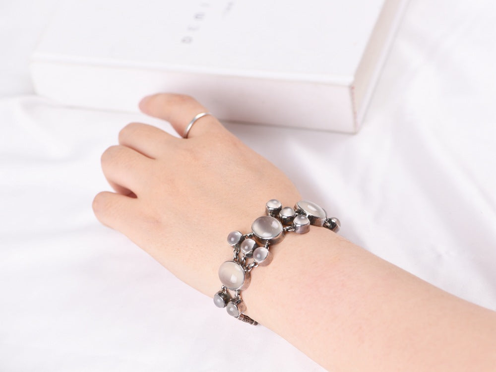 S925 Silver Jewelry Bracelet Vintage Distressed Inlaid with Egg White Agate Moonstone Fashion Women's Bracelet