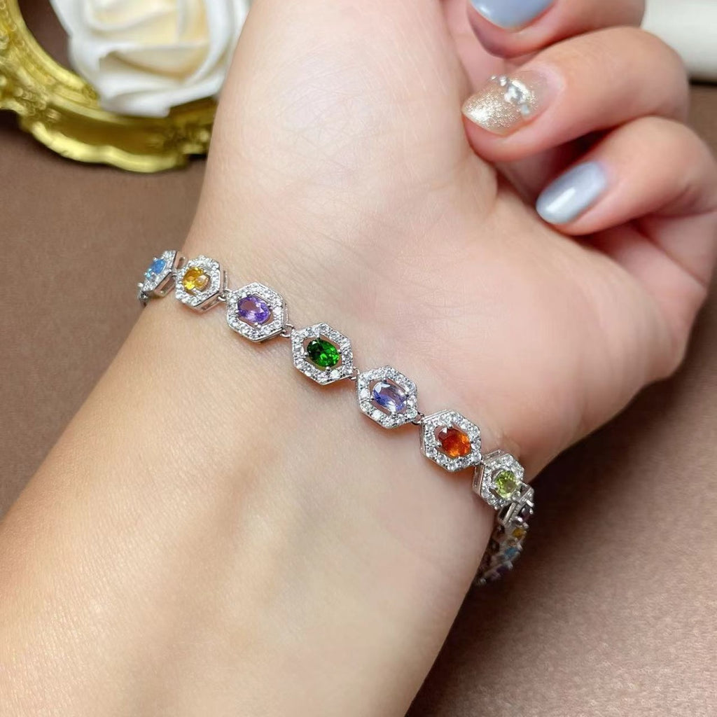 S925 Silver Inlaid Natural Crystal Topaz Garnet Women's Oval 3*4mm Bracelet