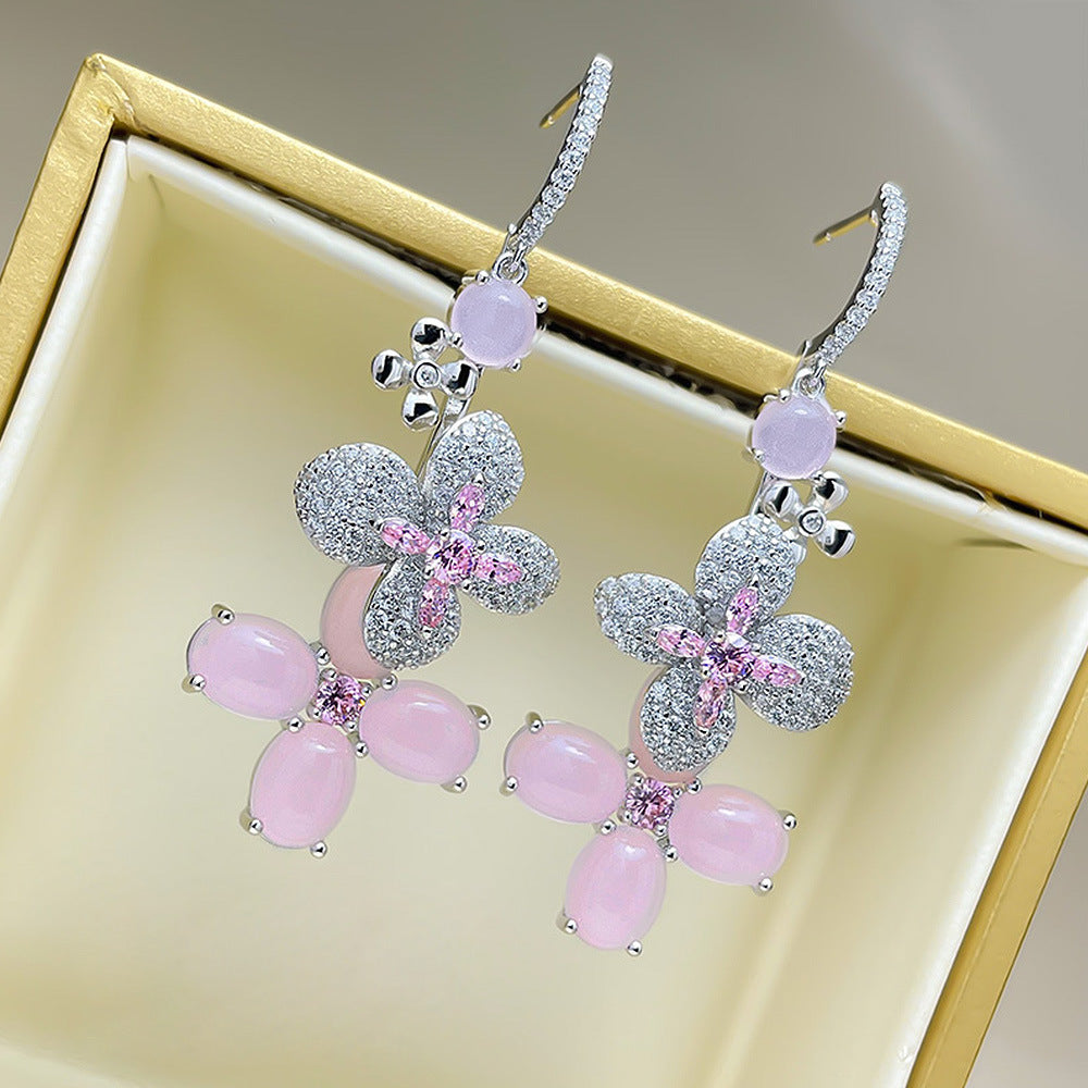 S925 Silver Inlaid 7*9mm Pink Diamond European and American Stud Earrings Sweet Style Geometric Earrings