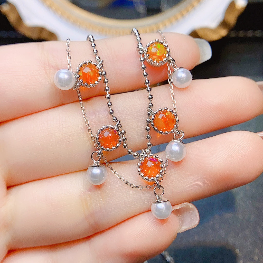 S925 Silver Inlaid Main Stone Natural Fire Opal 5*5 Necklace