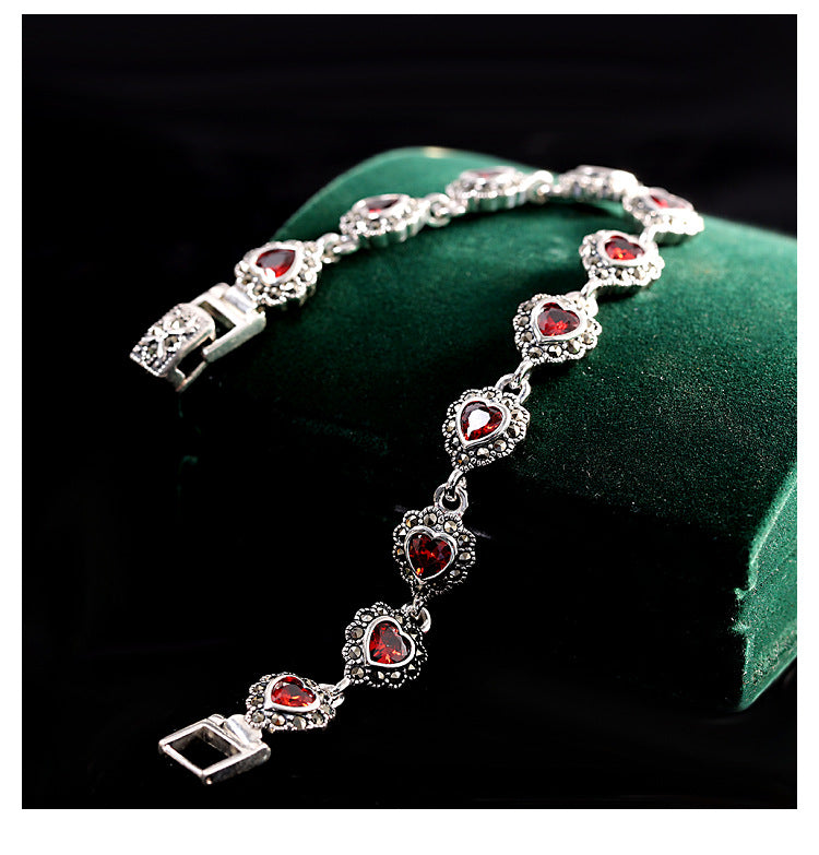 S925 Silver Jewelry Heart-Shaped Garnet Bracelet Versatile Women's Bracelet