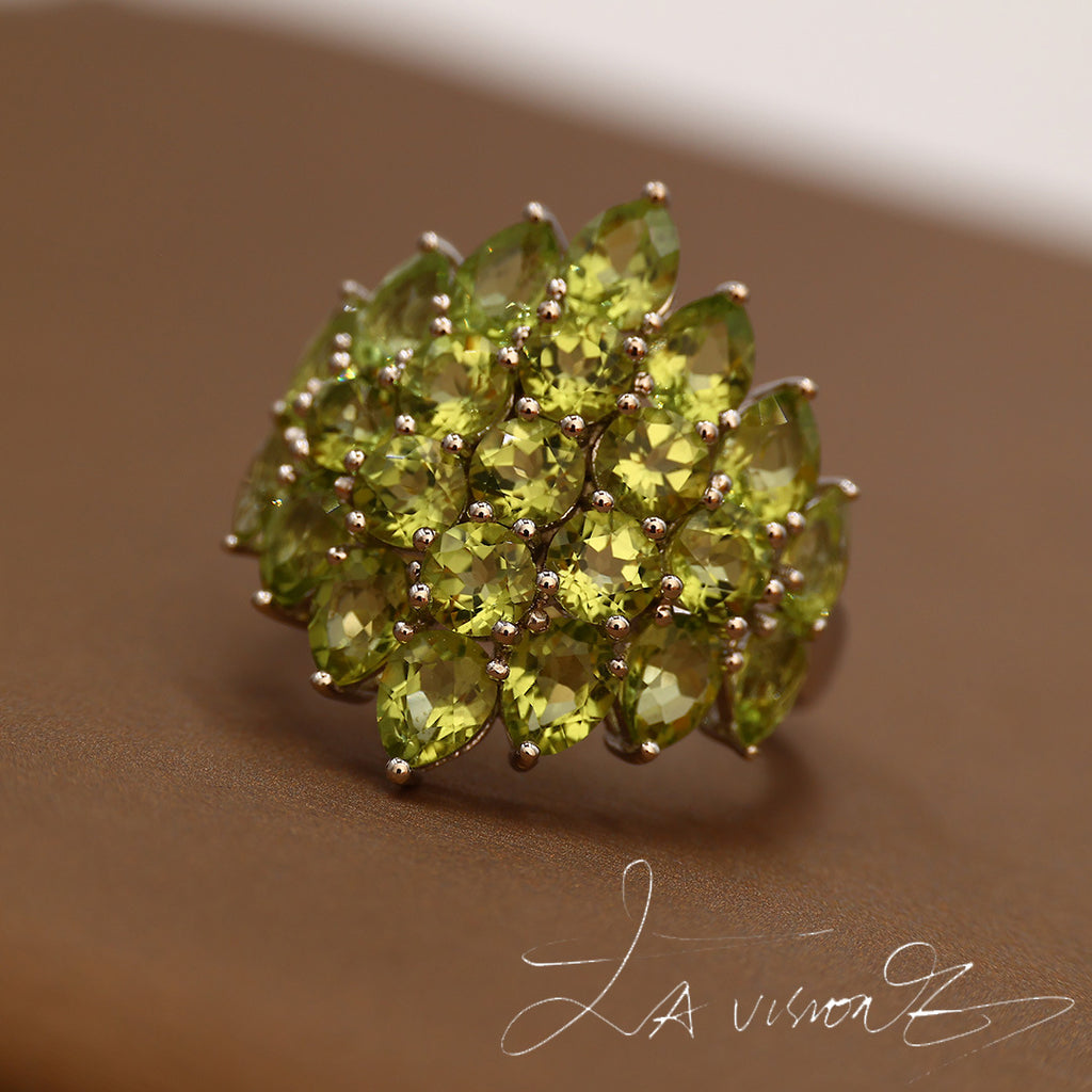 S925 Silver Inlaid Natural Peridot Pomegranate Ring