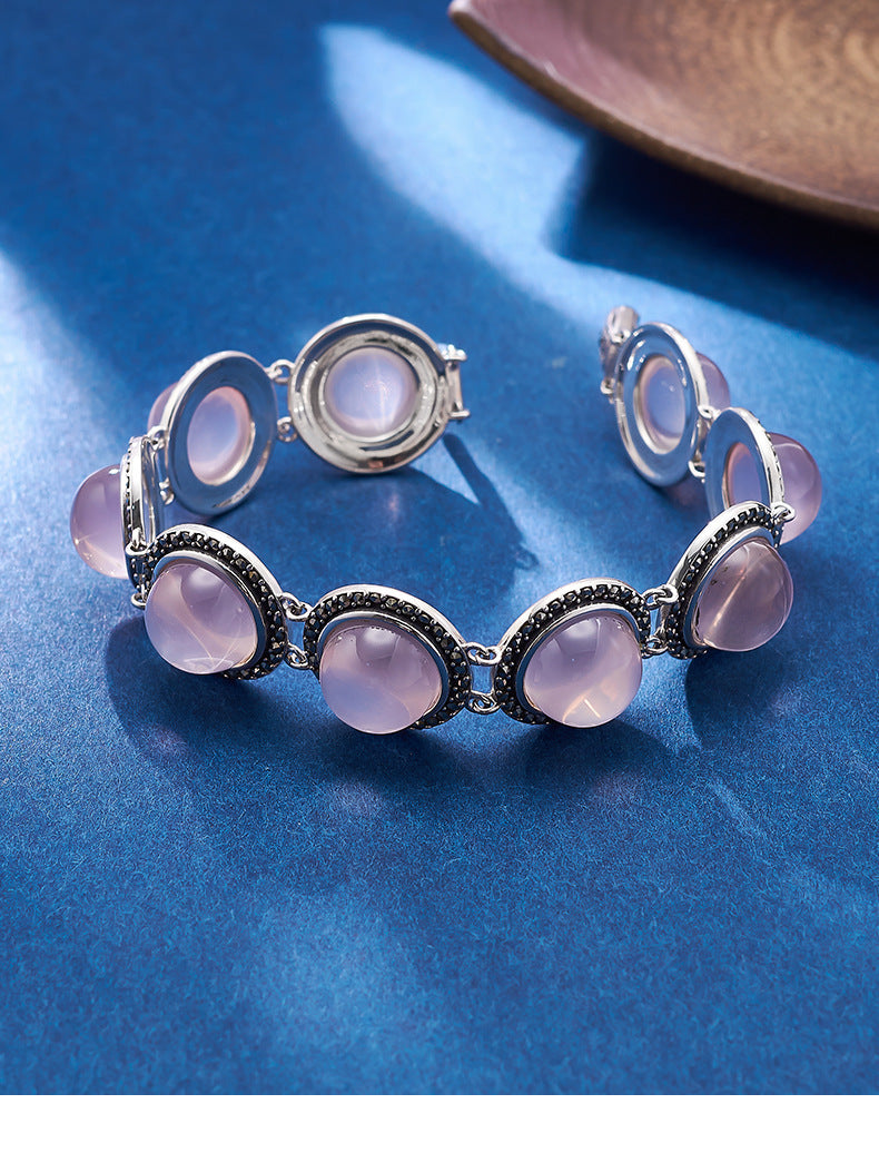 European and American Retro Mosaic Round Red Corundum Bracelet S925 Sterling Silver Inlaid Pink Crystal Cabochon Personalized Bracelet