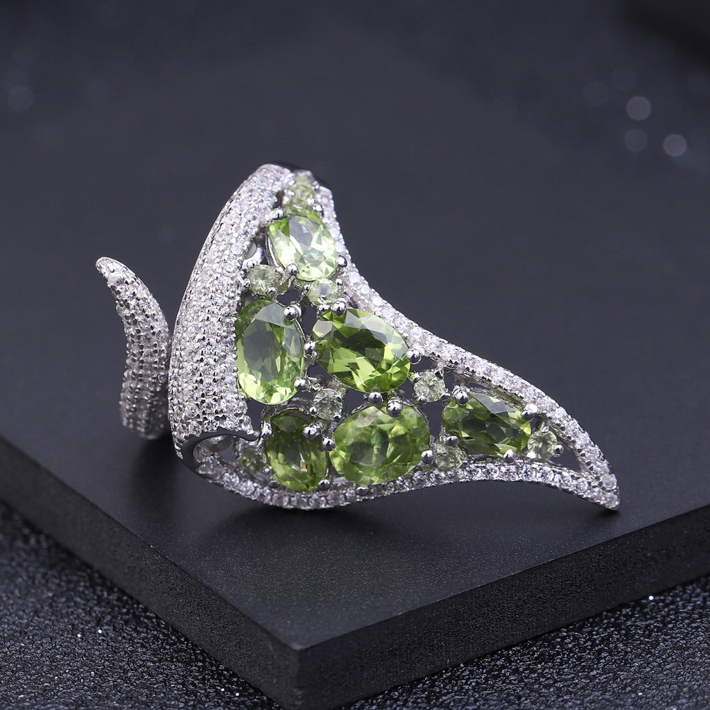 Exaggerated Personality Luxurious S925 Silver Natural Peridot Ring Open Ring