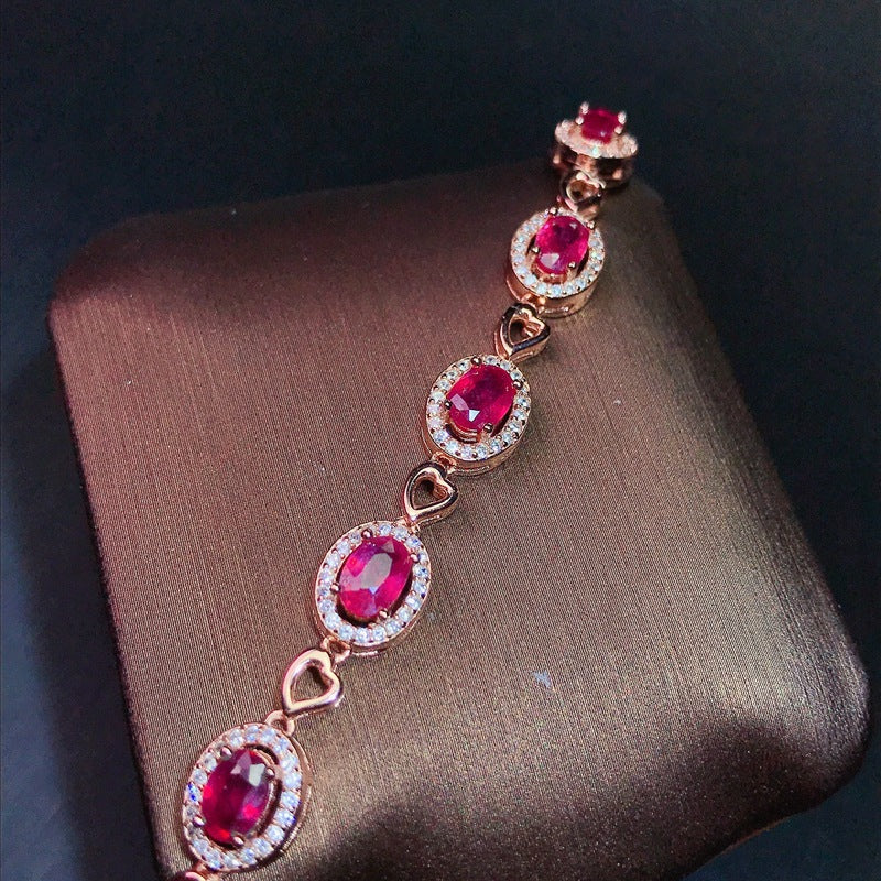 Ruby Bracelet with Extended Chain Adjustable 925 Silver Ruby