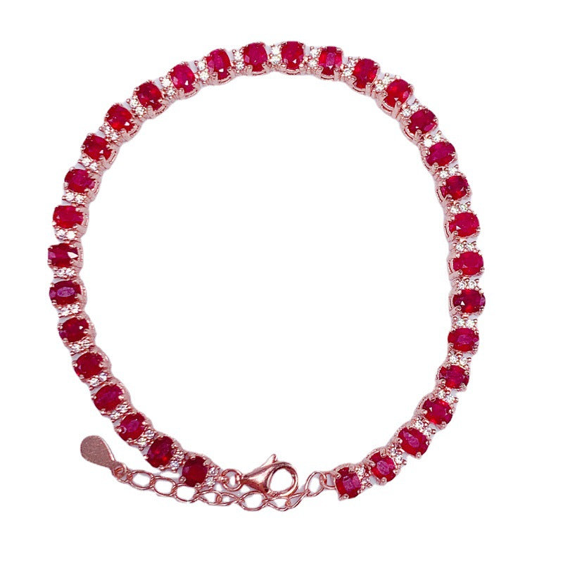 S925 Silver Plated Rose Gold Inlaid 3*4mm Natural Pigeon Blood Ruby Bracelet