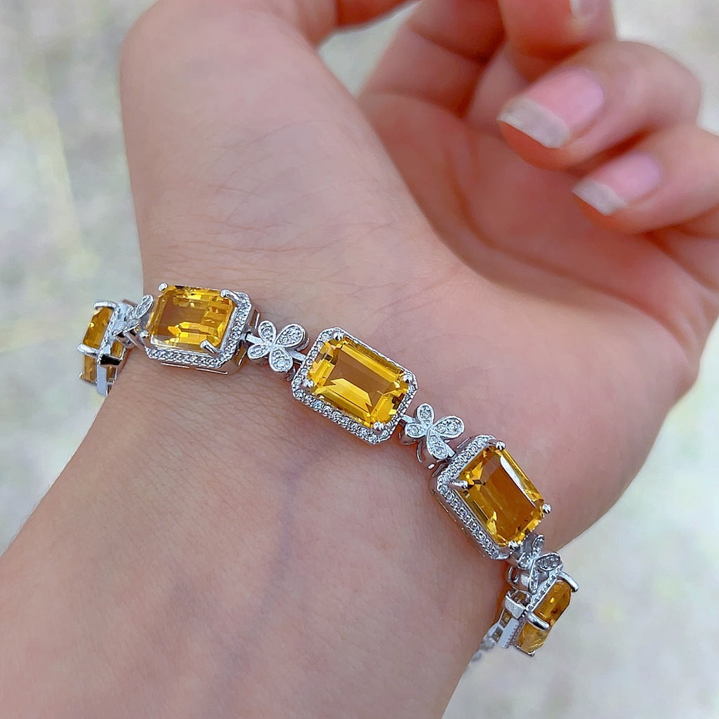 S925 Silver Platinum Plated Inlaid Yellow Crystal Main Stone 7*10mm T Square Butterfly Bracelet