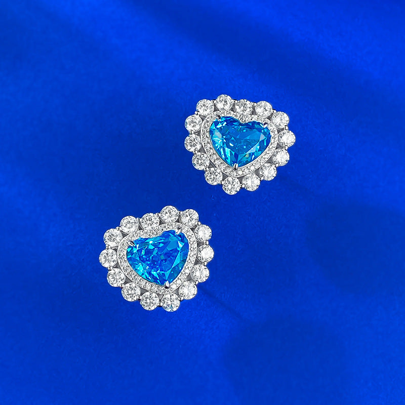 S925 Silver Full Inlaid Heart 9*11 Aquamarine High Carbon Diamond Ice Flower Heart-shaped Earrings