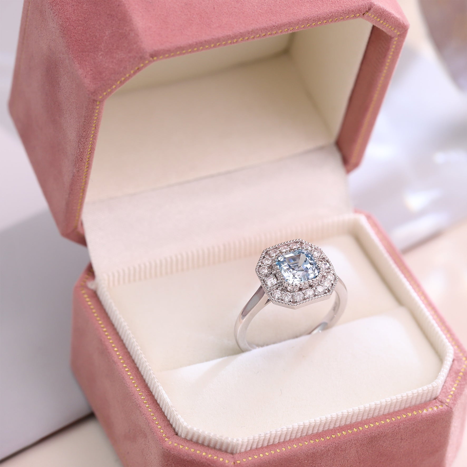 18K Gold Ring for Women Cross-Border Live Streaming Ascher Aquamarine Ring