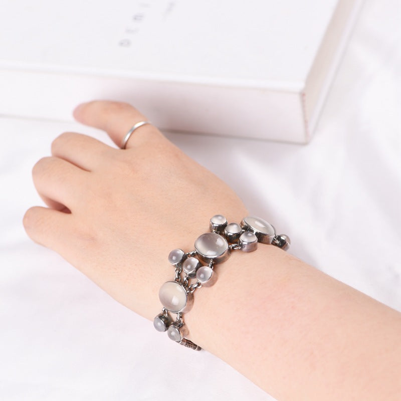 S925 Silver Jewelry Bracelet Vintage Distressed Inlaid with Egg White Agate Moonstone Fashion Women's Bracelet