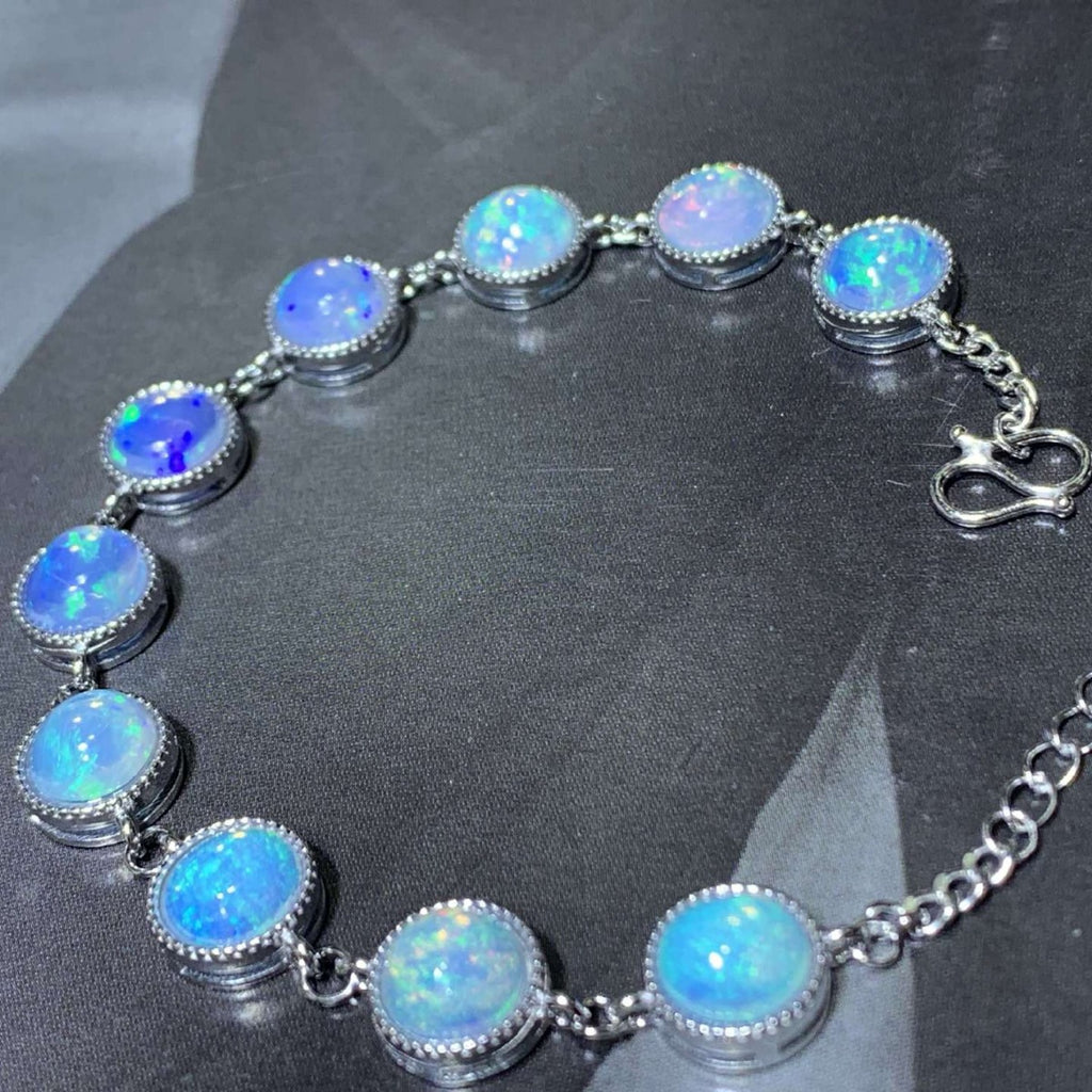 925 Silver Inlaid Opal Round Egg Surface Natural Opal Bracelet