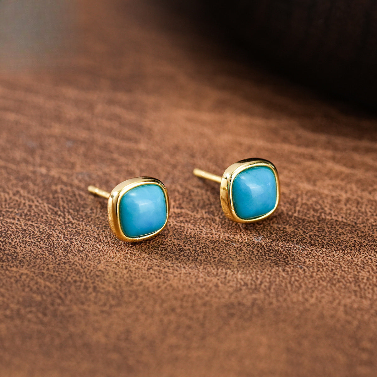 Square Earrings S925 Silver Plated 18K Gold Natural High Porcelain Turquoise Elegant Women's Earrings