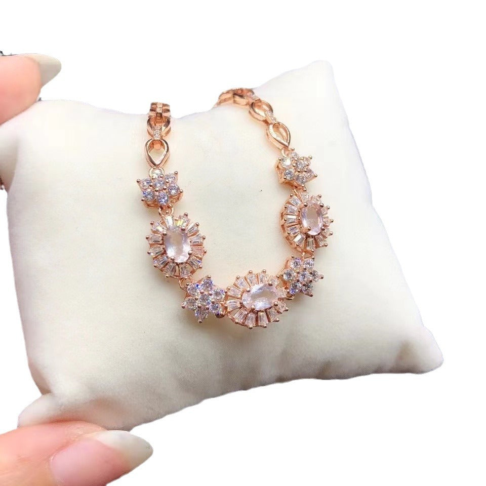 Natural Pink Crystal Bracelet Sakura Pink 925 Sterling Silver Fine Quality Crystal Hand Jewelry