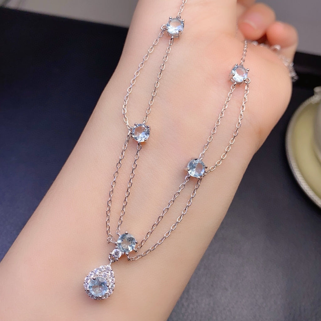 S925 Sterling Silver Aquamarine Tassel Pendant Necklace French Style High-end Light Luxury Vintage Dress Collarbone Chain