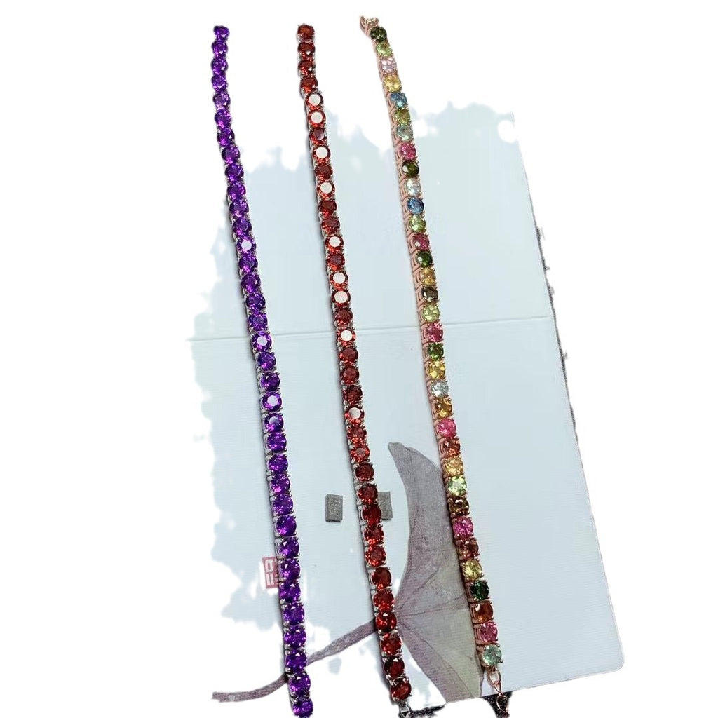 Colorful Gemstone Bracelet Natural Garnet Amethyst Tourmaline 925 Silver Single Circle Bracelet