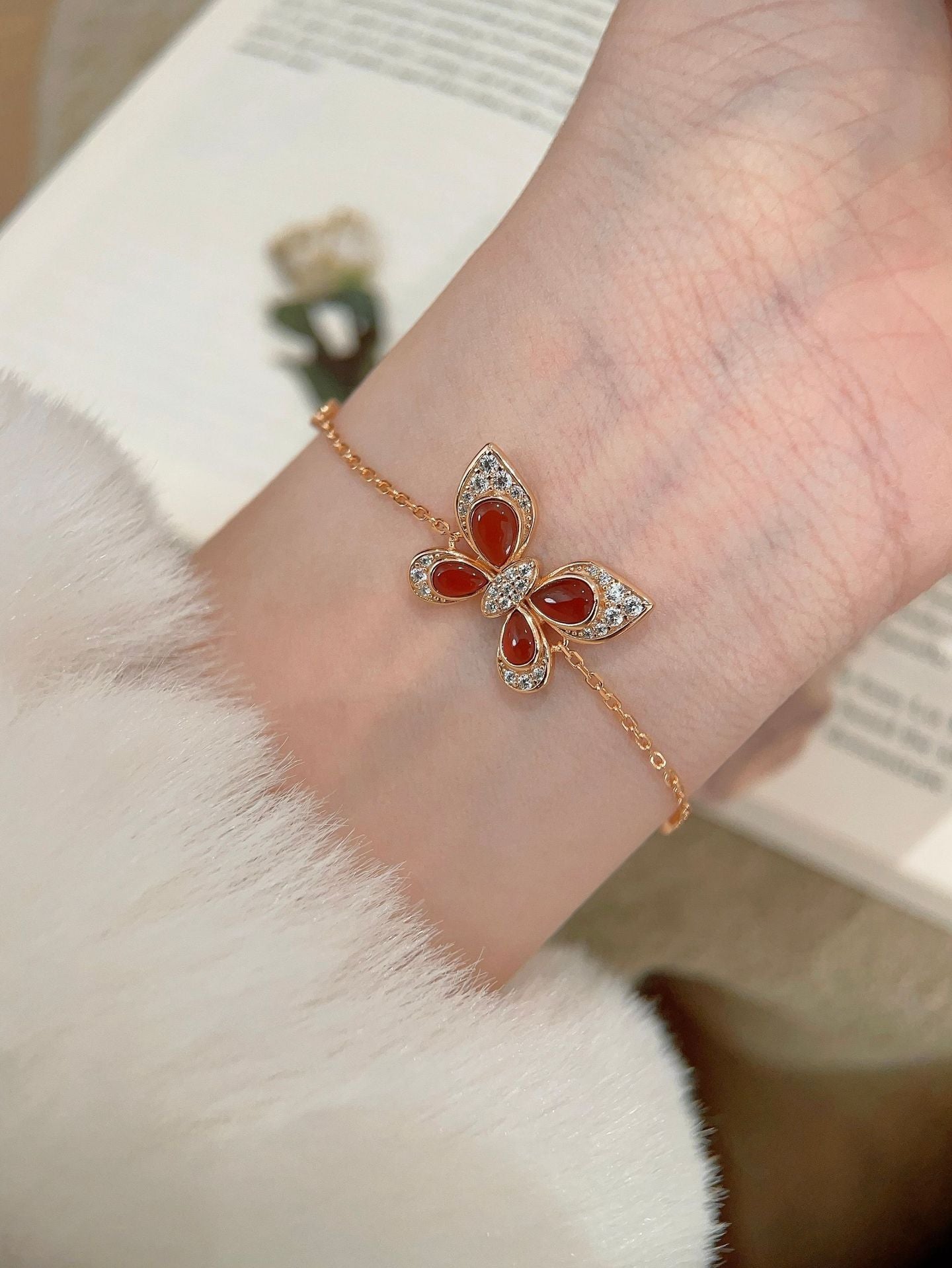 Inlaid Red Agate White Mother-of-Pearl Turquoise Sterling Silver Butterfly Bracelet