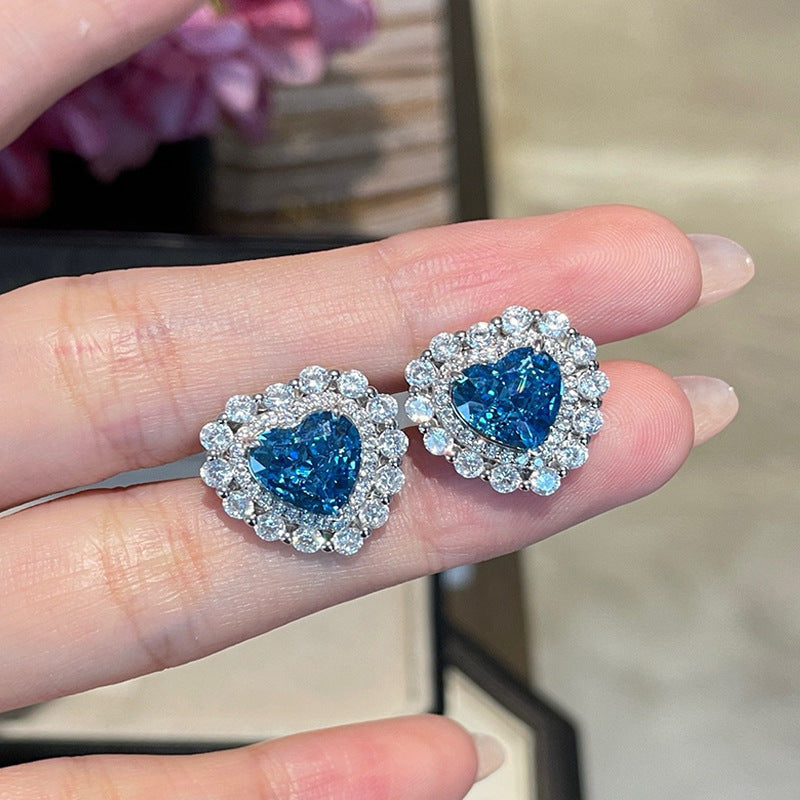S925 Silver Full Inlaid Heart 9*11 Aquamarine High Carbon Diamond Ice Flower Heart-shaped Earrings