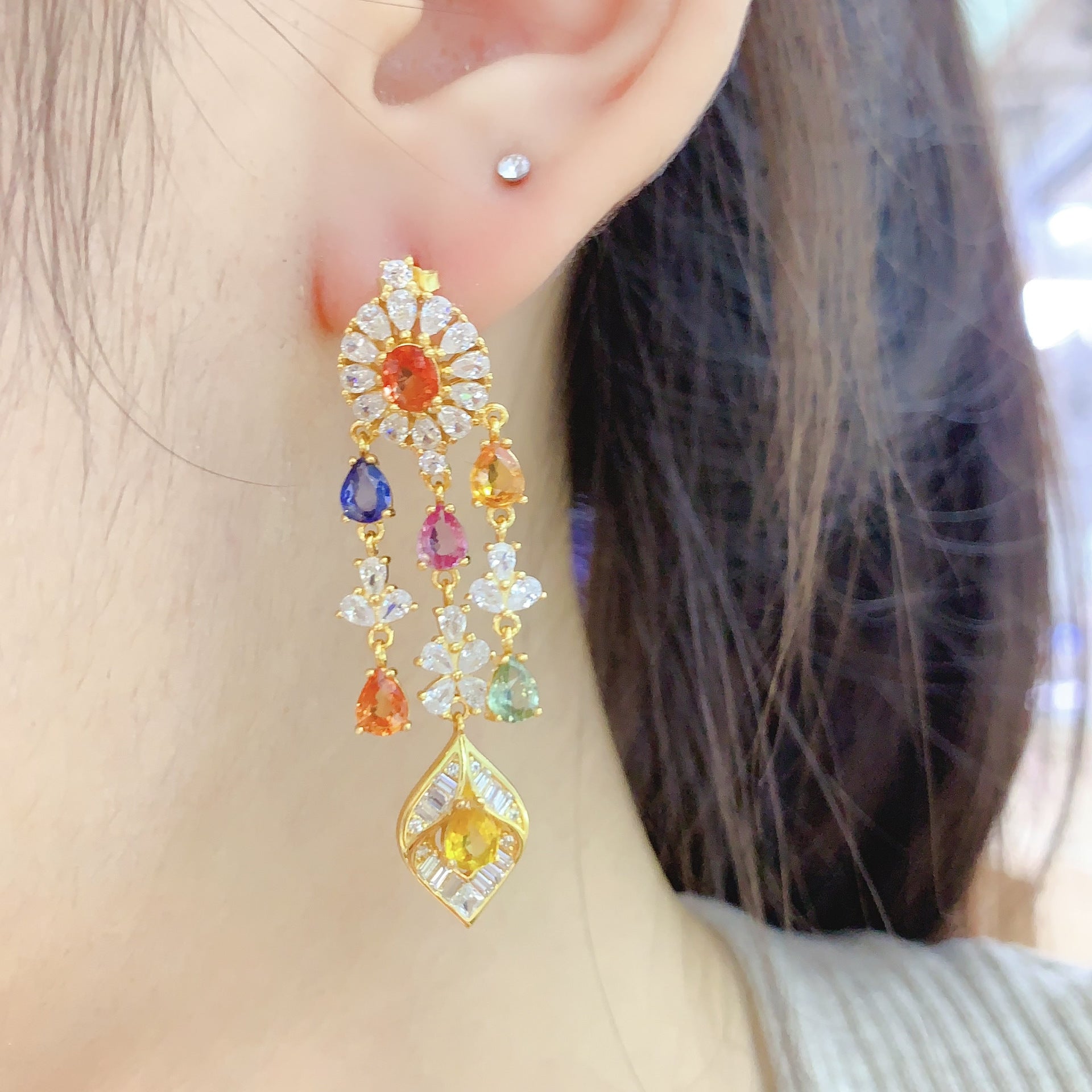 S925 Earrings Niche High-End Feel Earrings 4*5mm Natural Colorful Sapphire Earrings