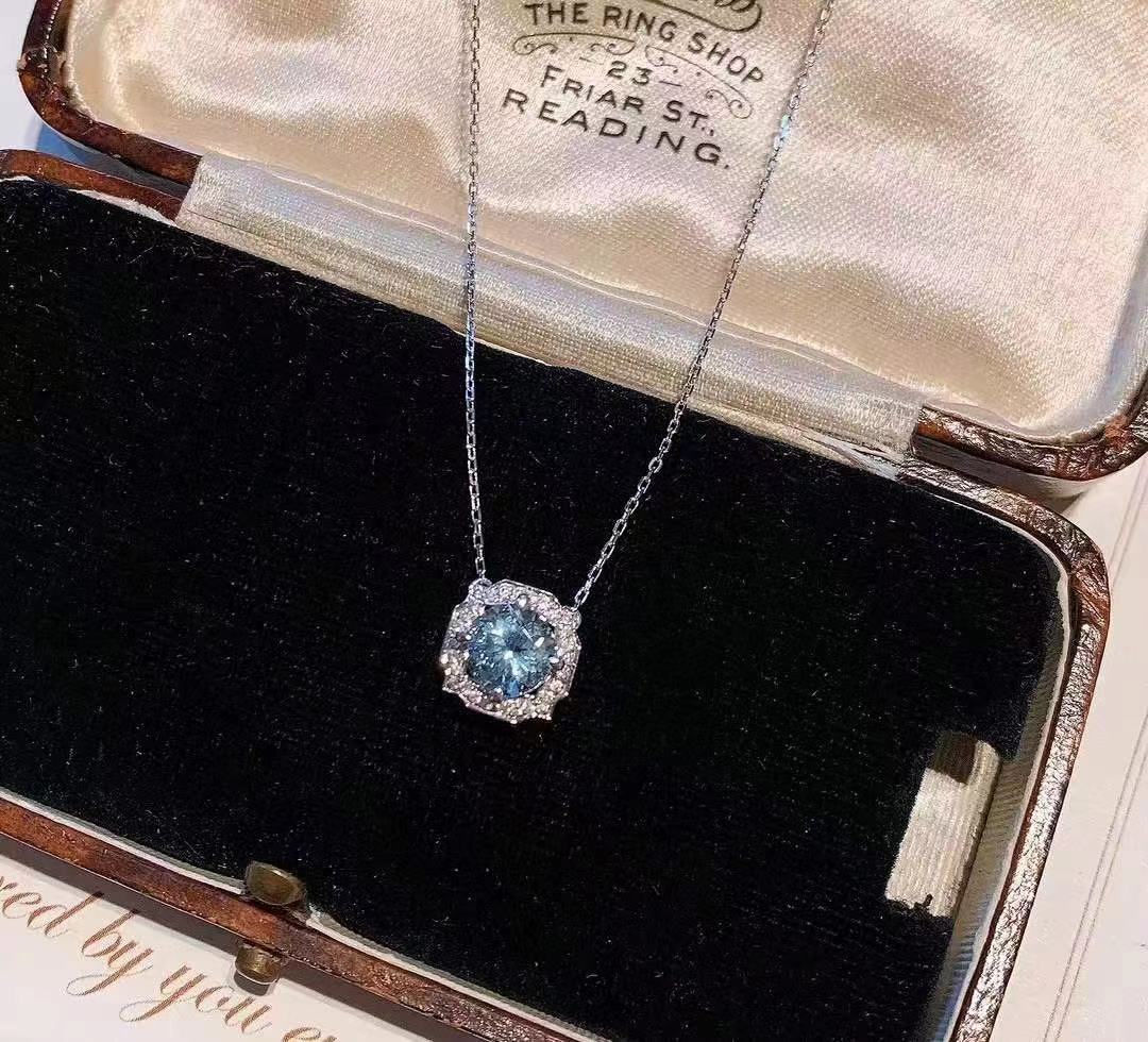 925 Silver Inlaid Natural Aquamarine Ring Necklace Two-Piece Set