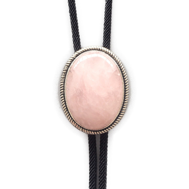 S925 Silver Inlaid Natural Rose Quartz Hibiscus Crystal Bolo Tie Pendant