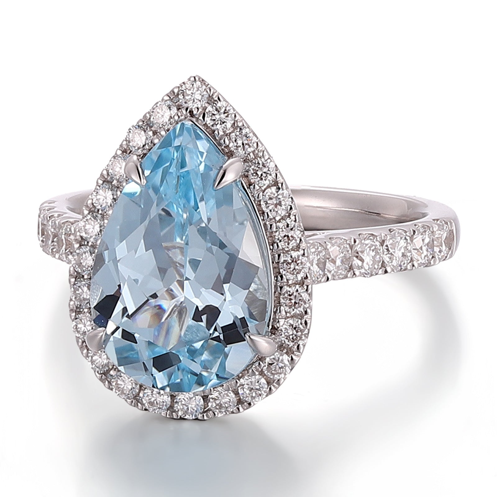 Aquamarine Ring 14K White Gold 3 Carat Drop Shape Cultured Gemstone Ring