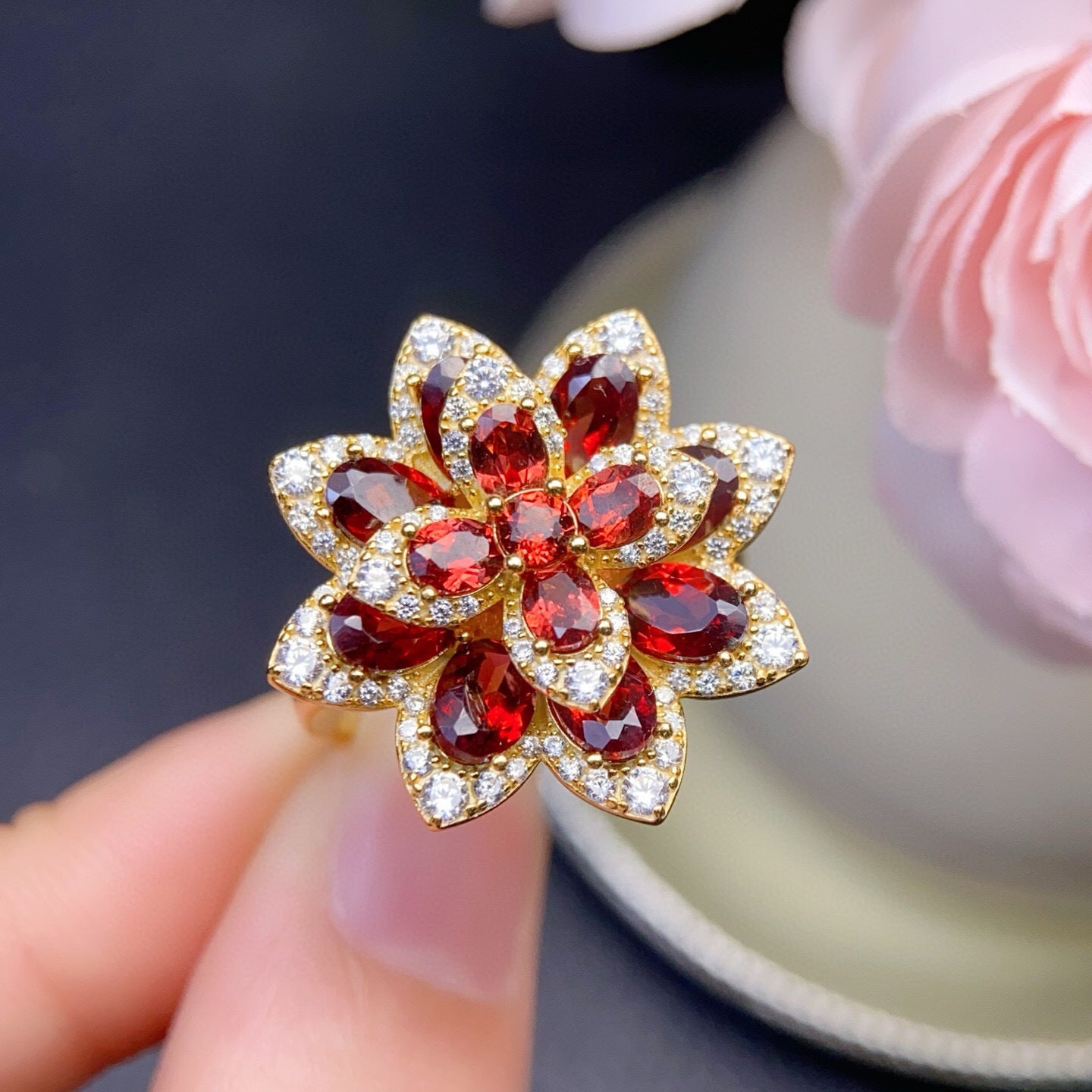 Pure Body Main Stone Approximately 4*6, 3*4mm 925 Silver Precision Inlaid Natural Red Garnet Ring