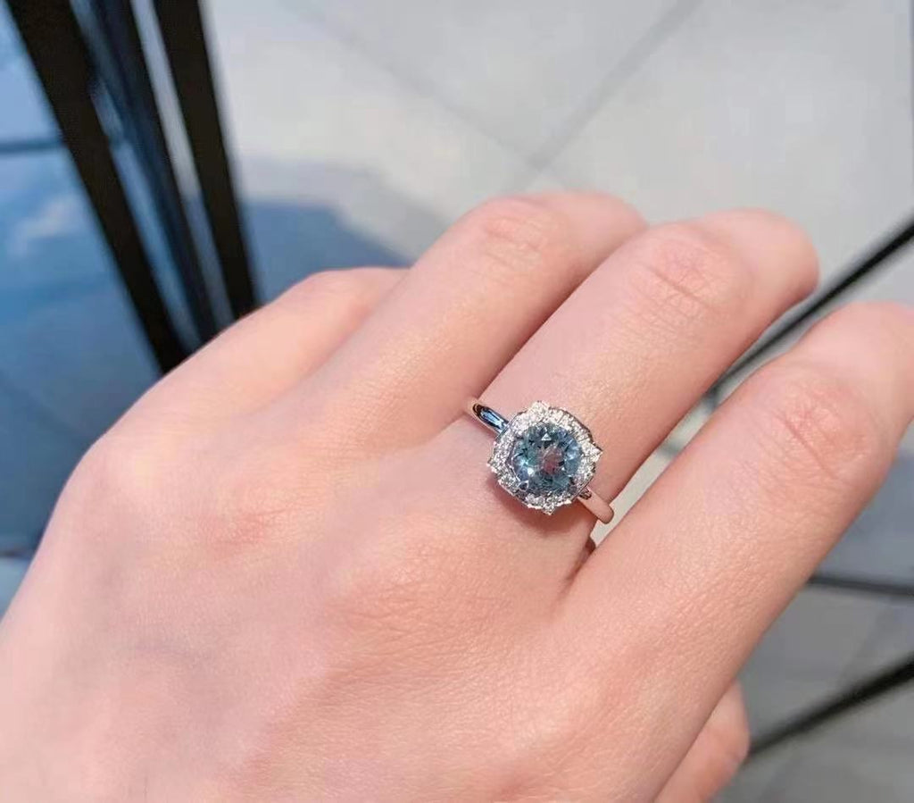 925 Silver Inlaid Natural Aquamarine Ring Necklace Two-Piece Set