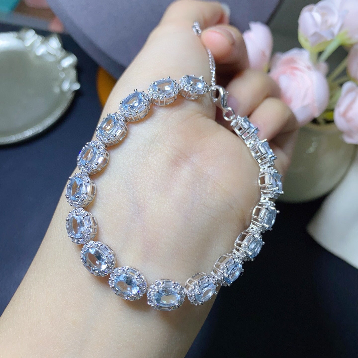 925 Silver Fine Craft Setting Inlaid 4x6mm Exquisite Temperament Style Natural Aquamarine Bracelet